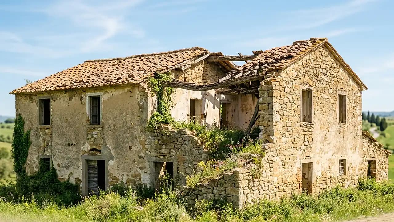Rudere in pietra classificato in categoria catastale F/2 immobile collabente su campo verde e cielo chiaro