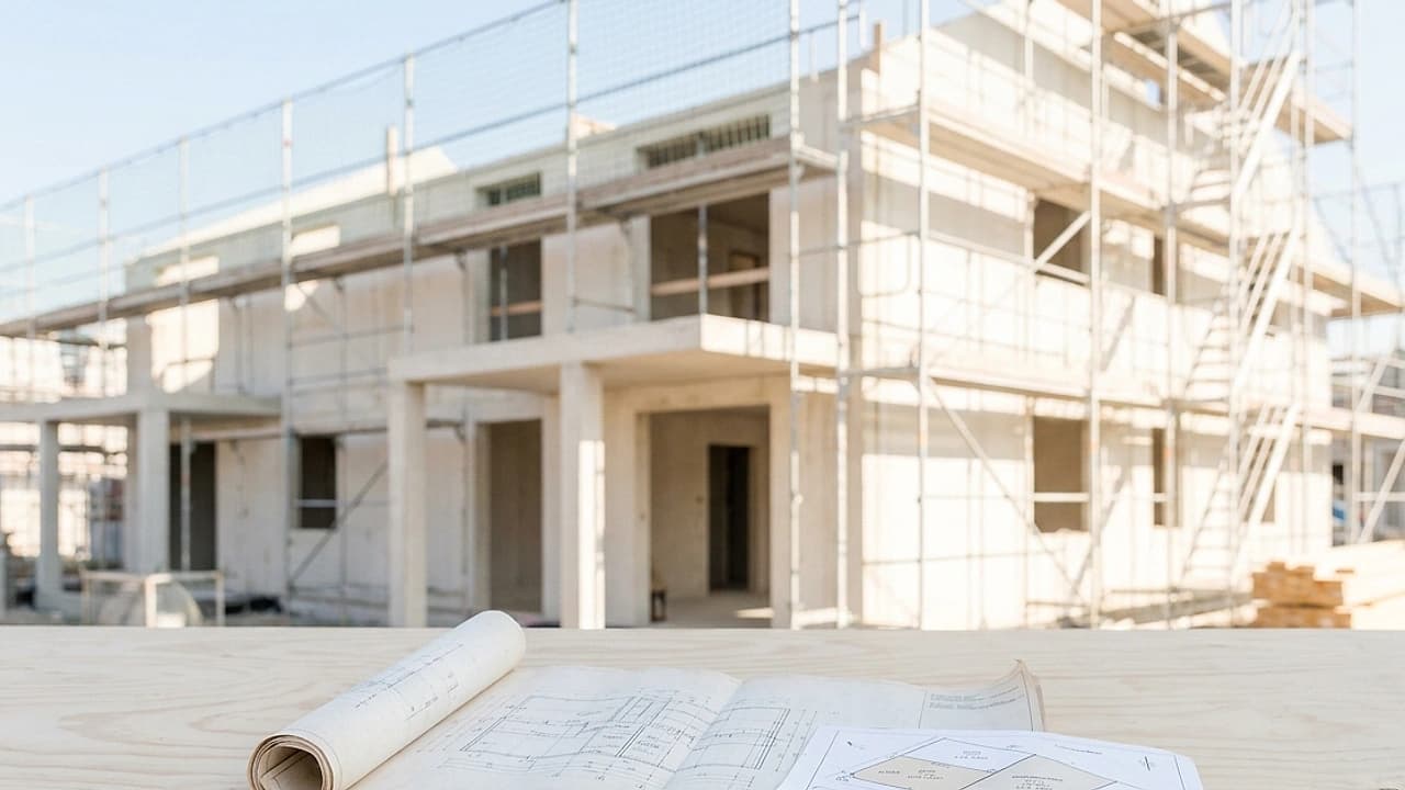 Edificio in corso di costruzione con ponteggi e disegno tecnico, categoria catastale F3 e F4 fabbricati in corso 2026
