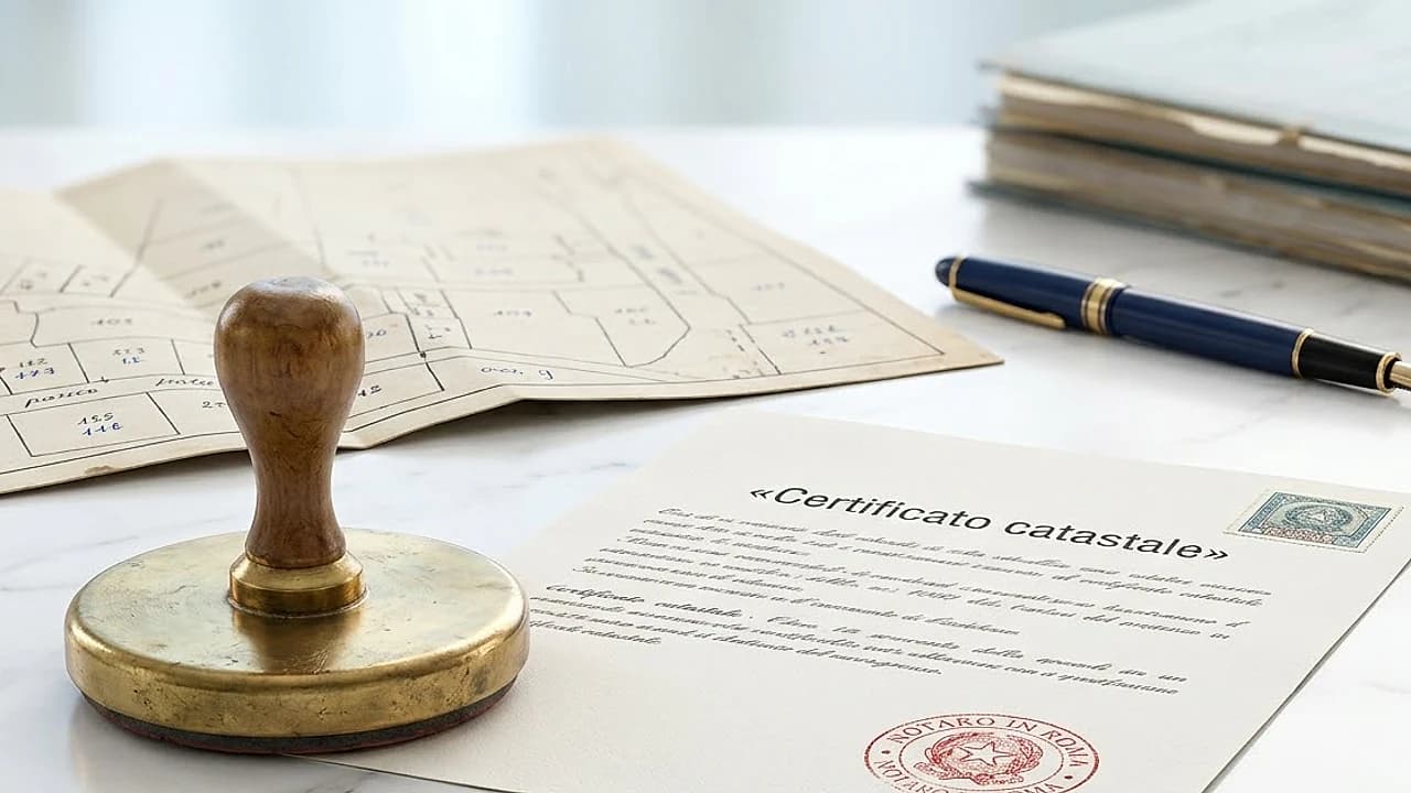 Timbro ufficiale su un certificato catastale accanto a una mappa catastale, tema certificato catastale e visura 2026