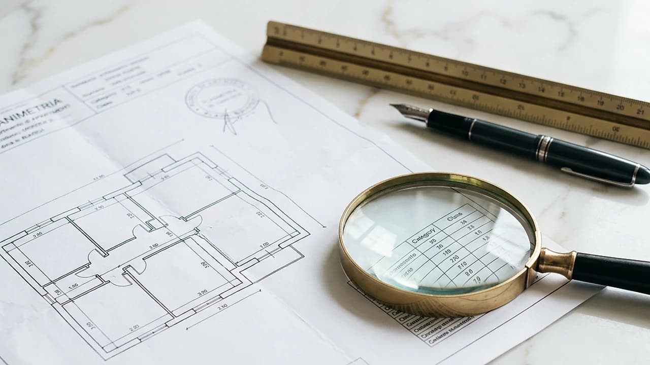 Planimetria catastale con lente su riquadro di classamento, categoria e classe di un immobile