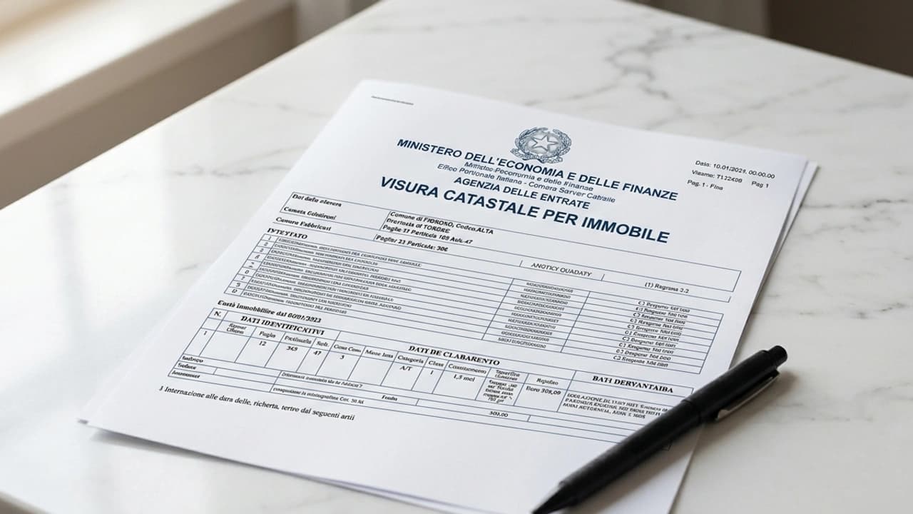 Visura catastale su carta intestata Agenzia delle Entrate su marmo bianco, con penna e lente di ingrandimento, luce naturale