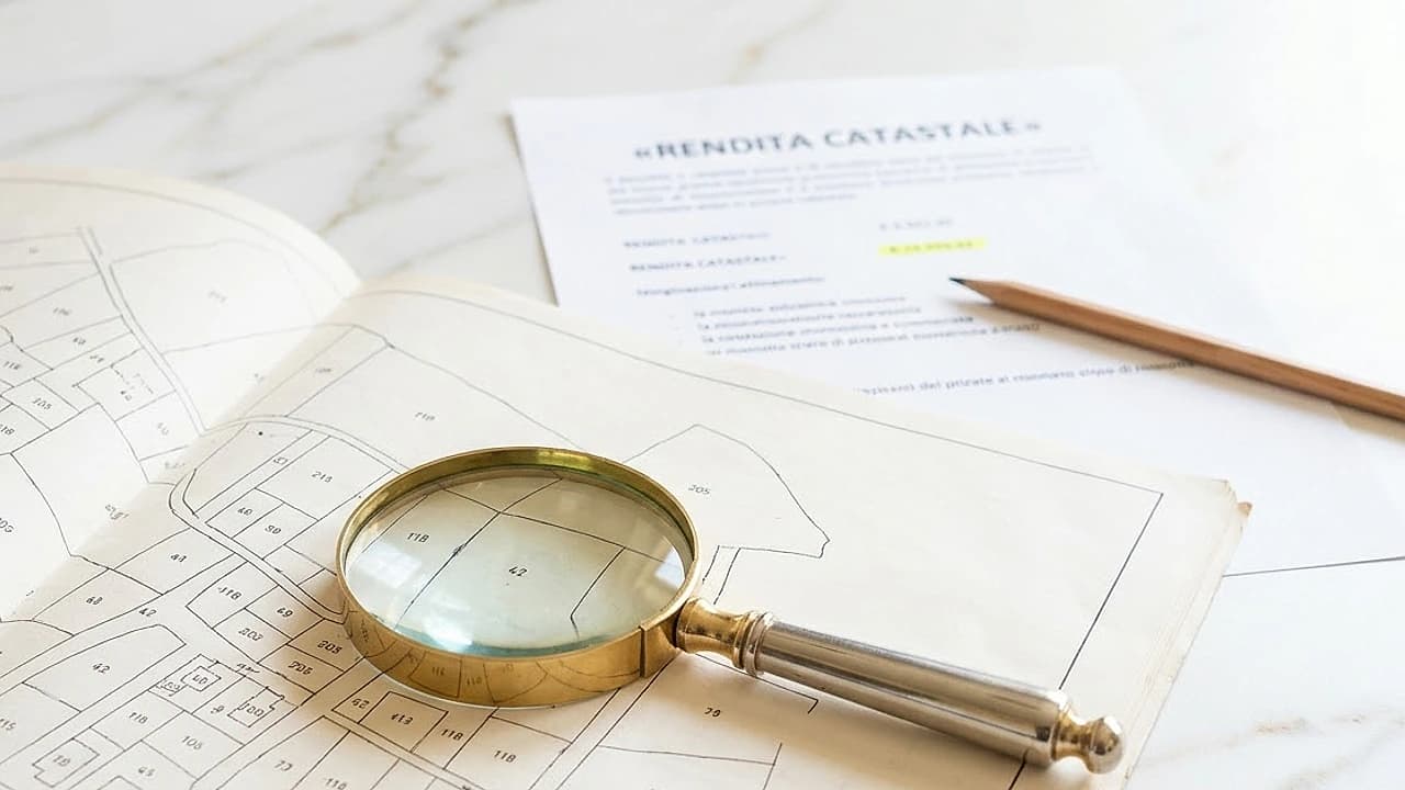 Lente d'ingrandimento su una mappa catastale accanto a un foglio con la rendita, tema consultazione rendite catastali 2026