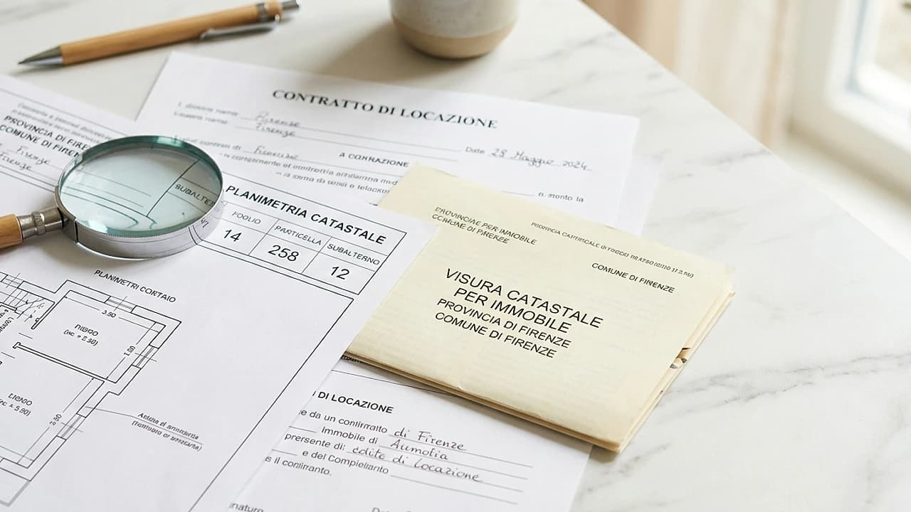 Planimetria e visura catastale accanto a un contratto di locazione con dati catastali evidenziati