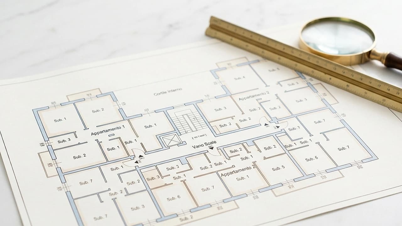 Elaborato planimetrico catastale: disegno in scala di un fabbricato con subalterni numerati e parti comuni evidenziate.