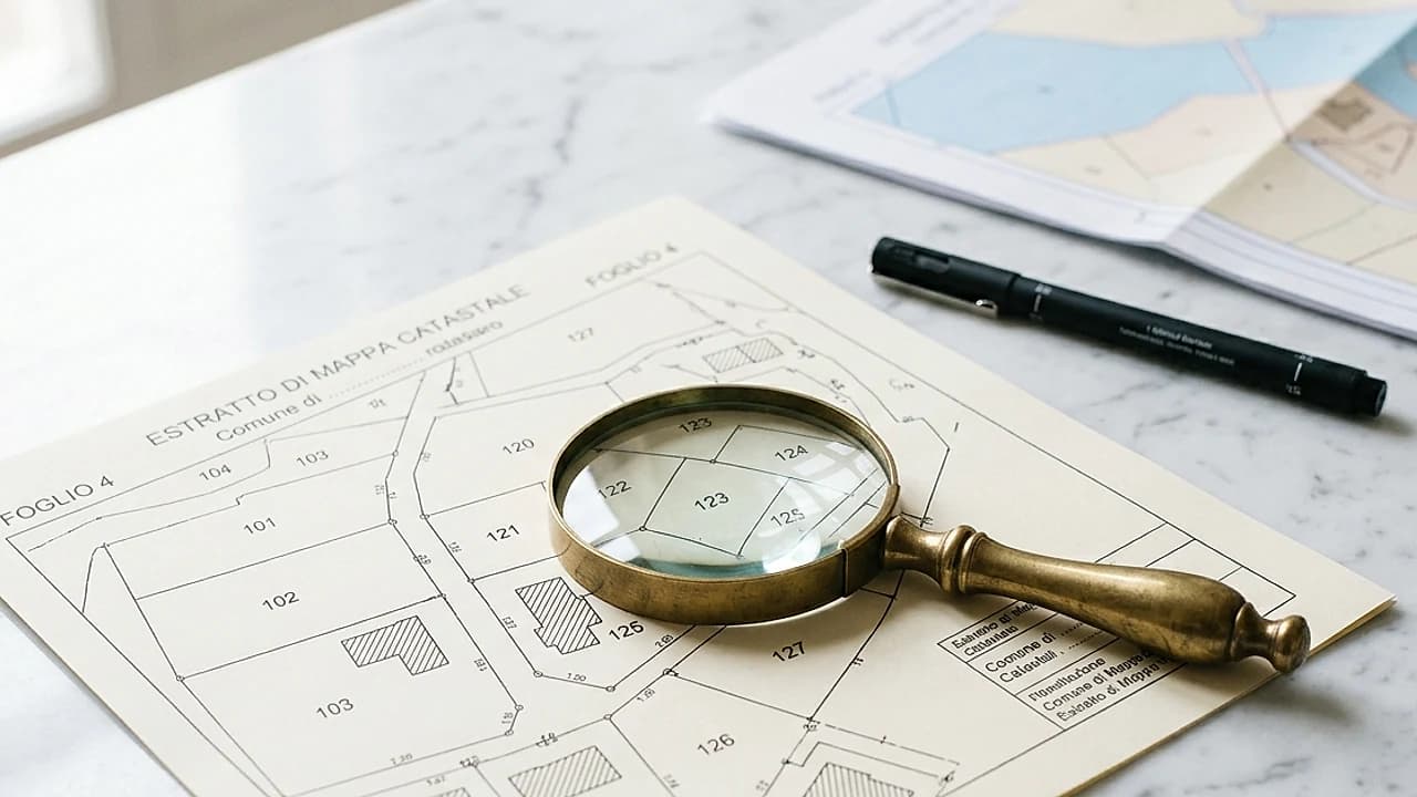 Estratto di mappa catastale del Catasto Terreni con particelle, confini e fogli in scala su una scrivania tecnica luminosa