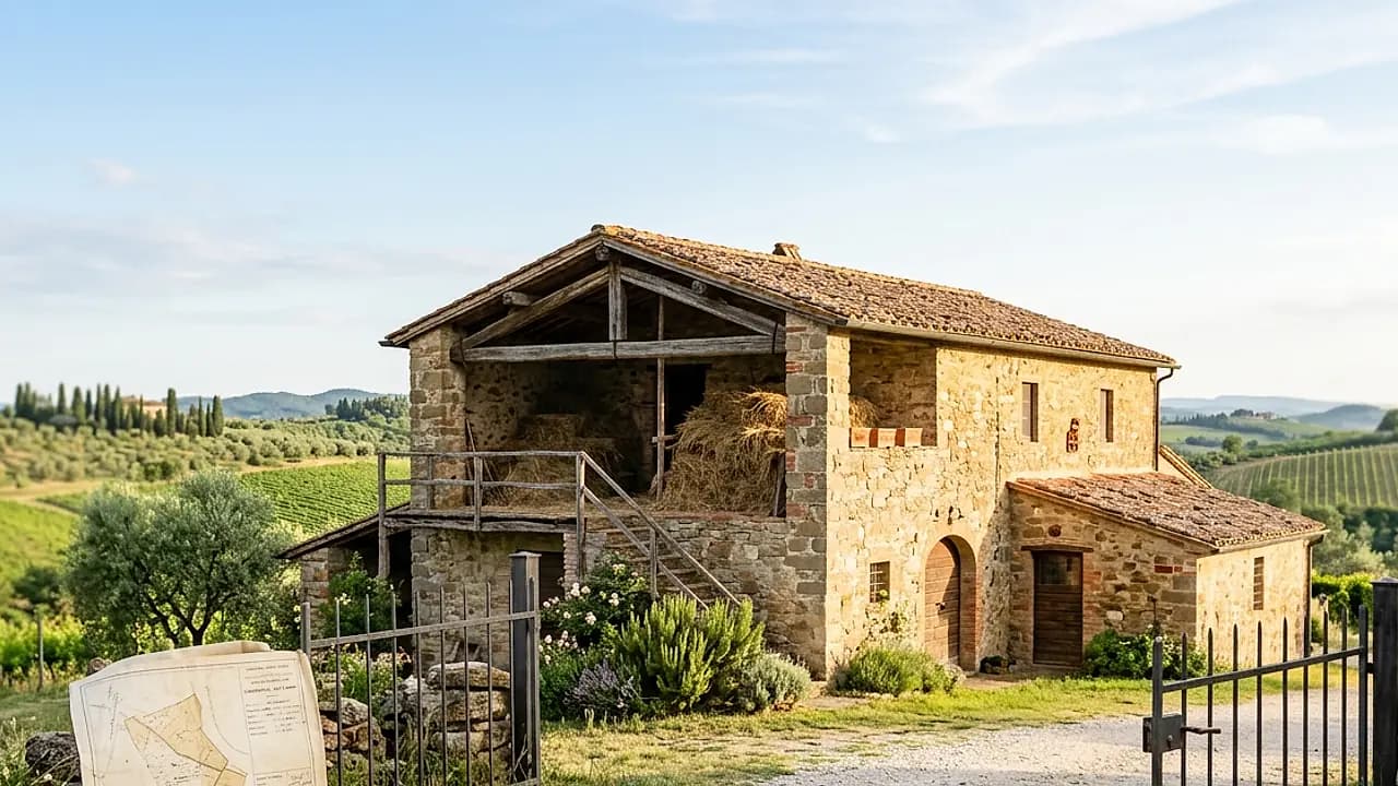 Fabbricato rurale strumentale in campagna italiana con planimetria catastale, categoria D/10 e ruralità