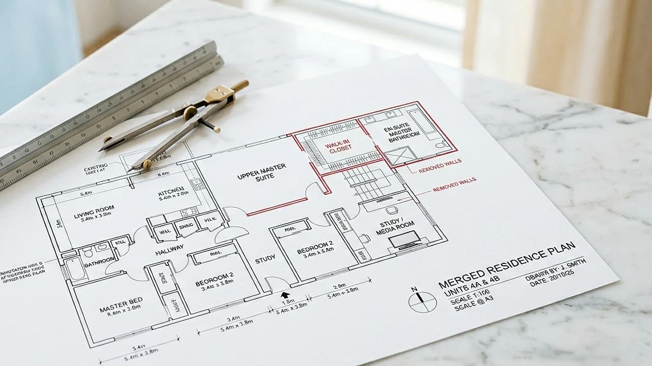 Planimetria catastale con due unità immobiliari contigue unite e righello su scrivania, fusione catastale 2026