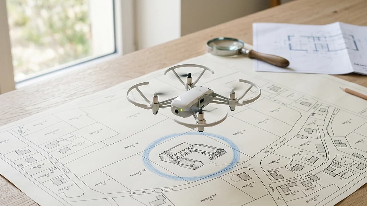 Casolare rurale non accatastato con drone e mappa catastale in primo piano, immobili fantasma e rendita presunta 2026