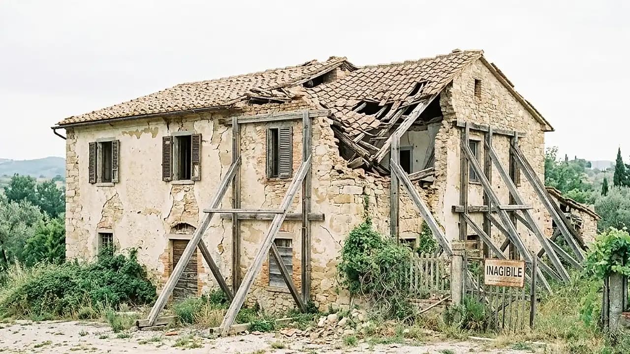 Fabbricato inagibile con tetto crollato e puntelli in legno, tema riduzione IMU 50% per immobile inagibile 2026