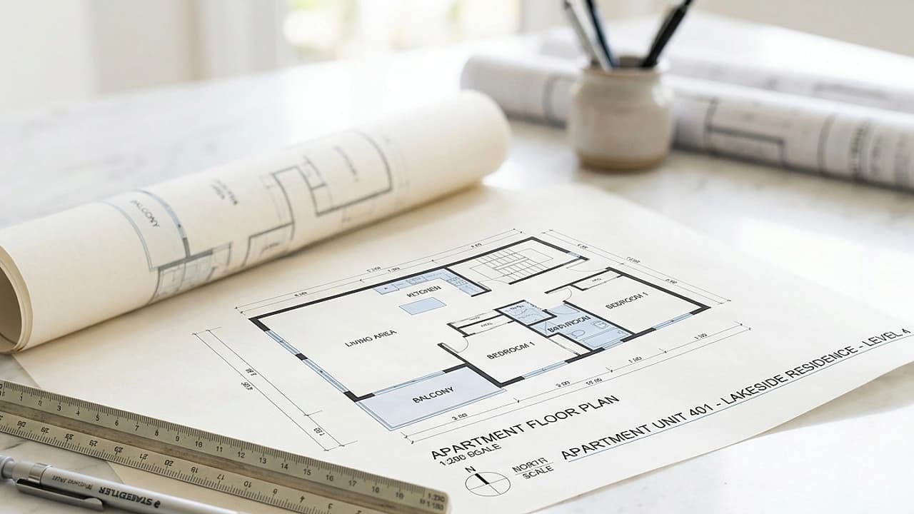 Planimetria catastale in scala 1:200 su tavolo chiaro con squadra e matita: conformità allo stato di fatto.