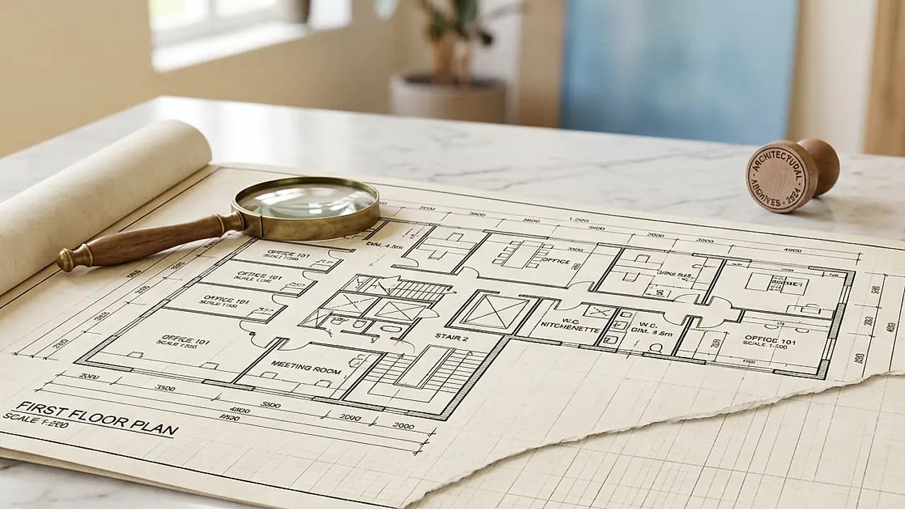 Planimetria catastale in scala 1:200 su scrivania chiara con timbro e lente, caso di planimetria non disponibile al Catasto