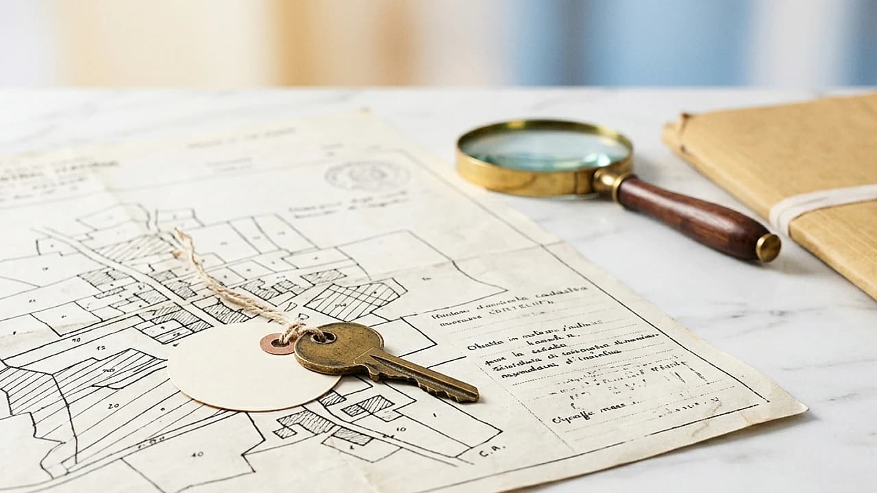 Chiave di casa su una mappa catastale accanto a una lente d'ingrandimento, tema ricerca immobili del debitore 2026
