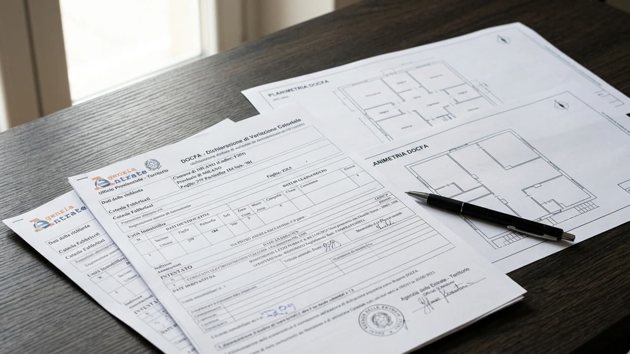Tecnico professionista che compila un modulo DOCFA per variazione catastale con planimetria e documenti immobiliari su scrivania