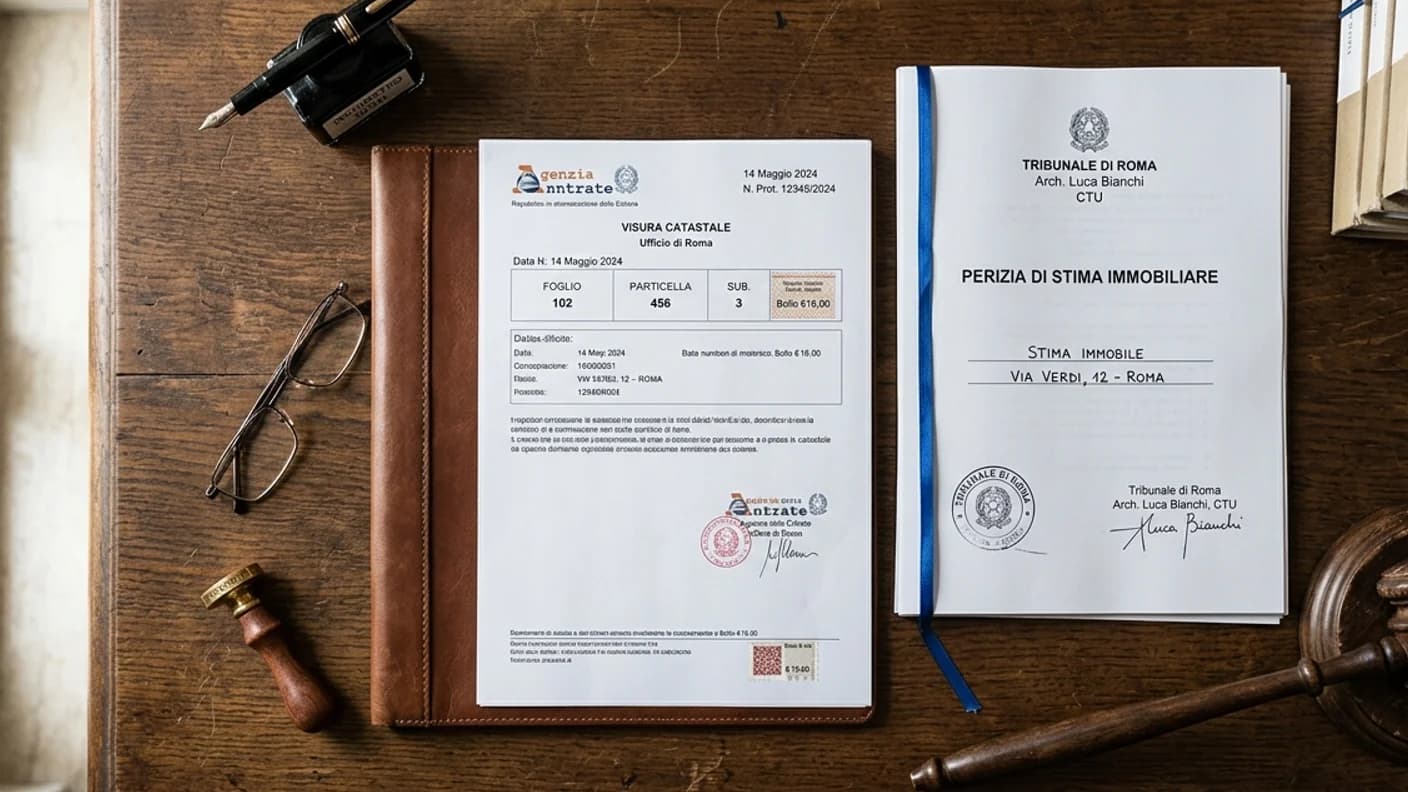 Visura catastale e martelletto da giudice su scrivania in legno scuro — due diligence immobiliare per aste giudiziarie 2026