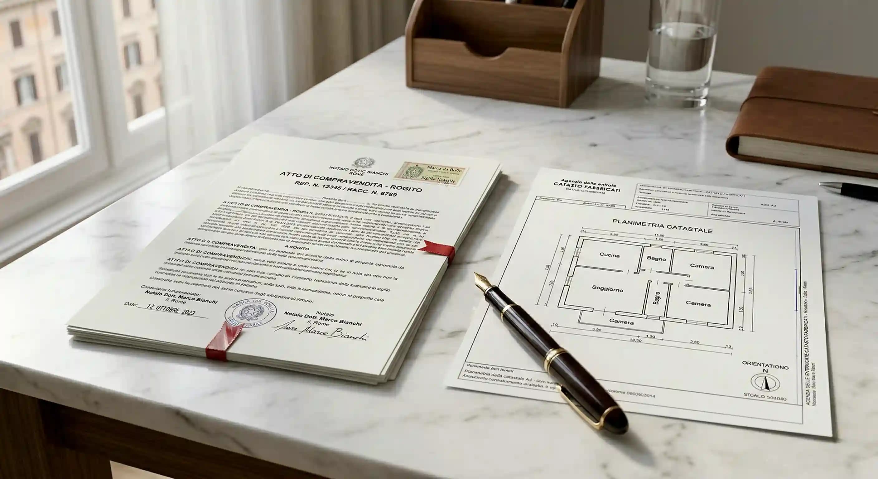 Visura catastale e planimetria su scrivania notarile — due diligence pre-rogito 2026