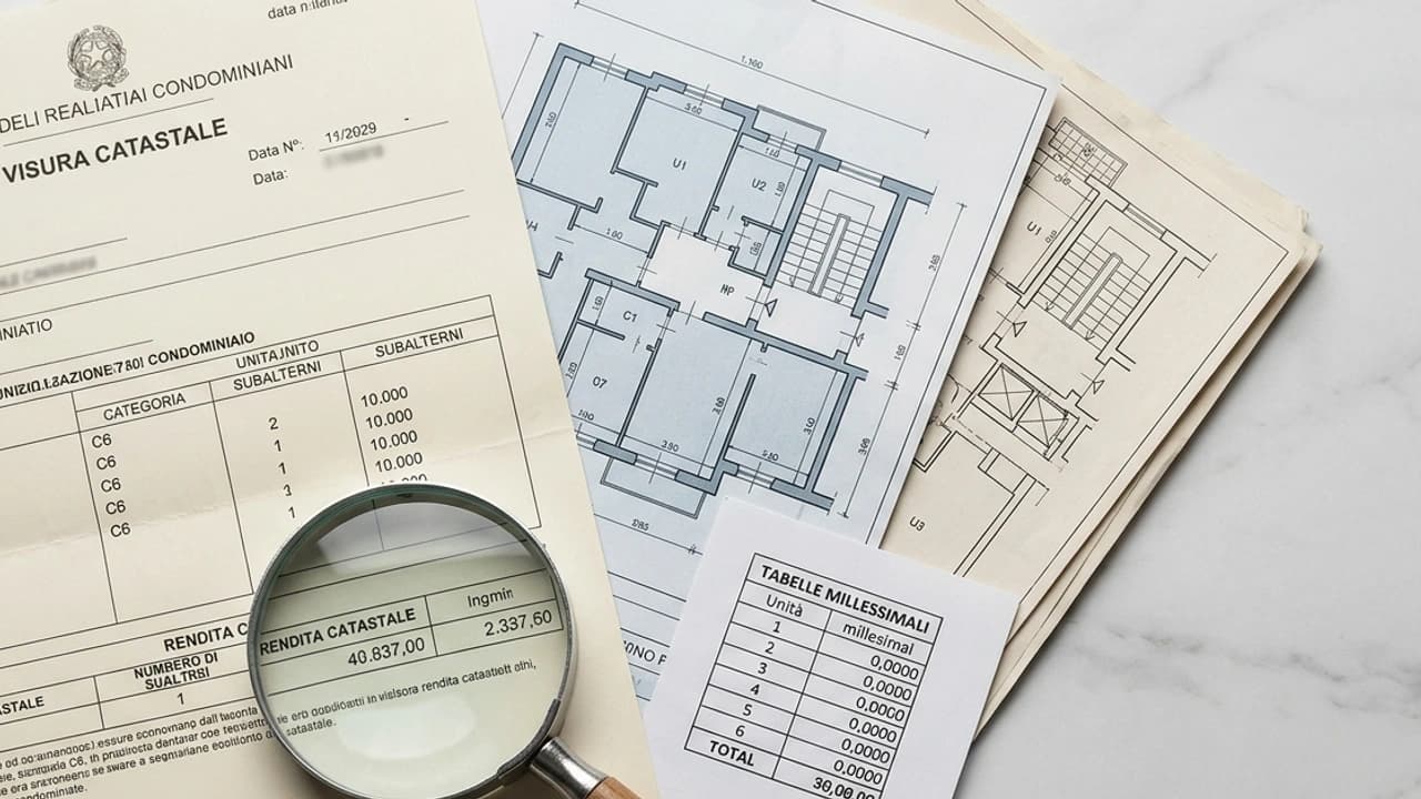 Visura catastale condominio 2026 — documento ufficiale Agenzia delle Entrate con planimetria e dati catastali di unità immobiliari condominiali, su marmo