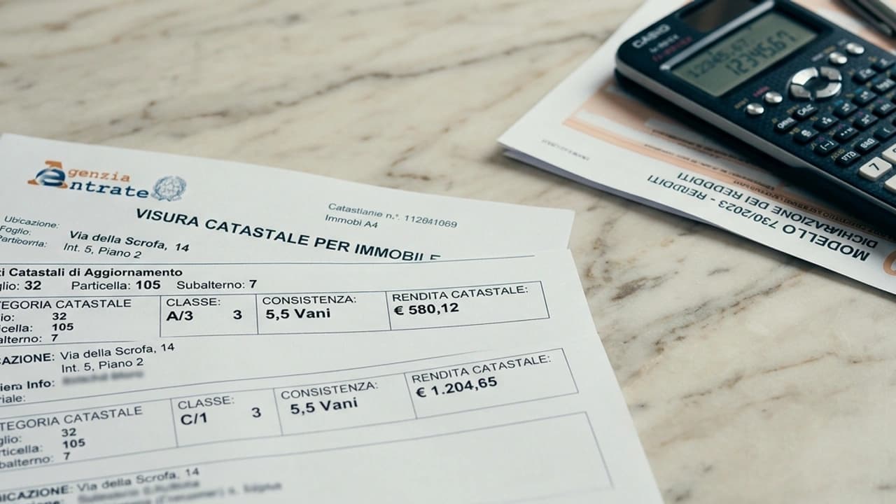 Piano catastale tecnico su scrivania con codici rendita catastale, calcolatrice e modulo 730 — fiscalità immobiliare professionale 2026