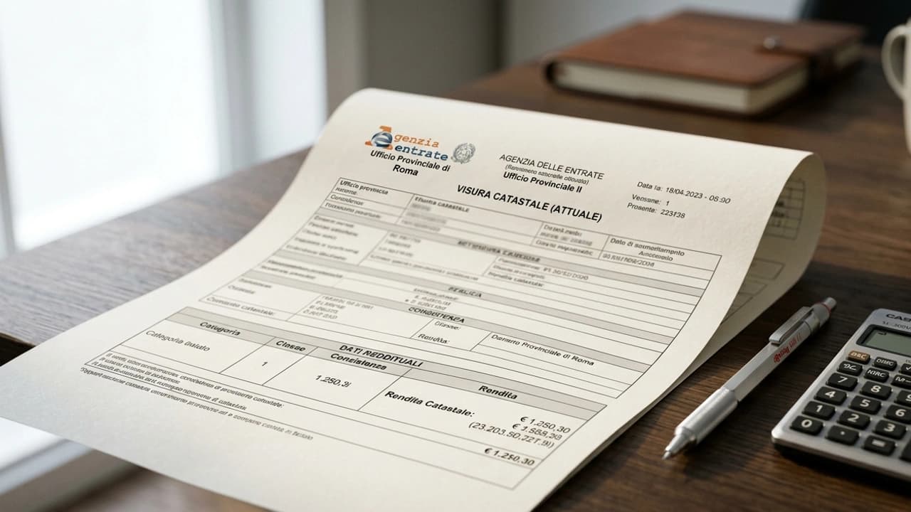 Visura catastale ufficiale per immobile commerciale su scrivania in legno scuro con matita e calcolatrice — rendita catastale 2026