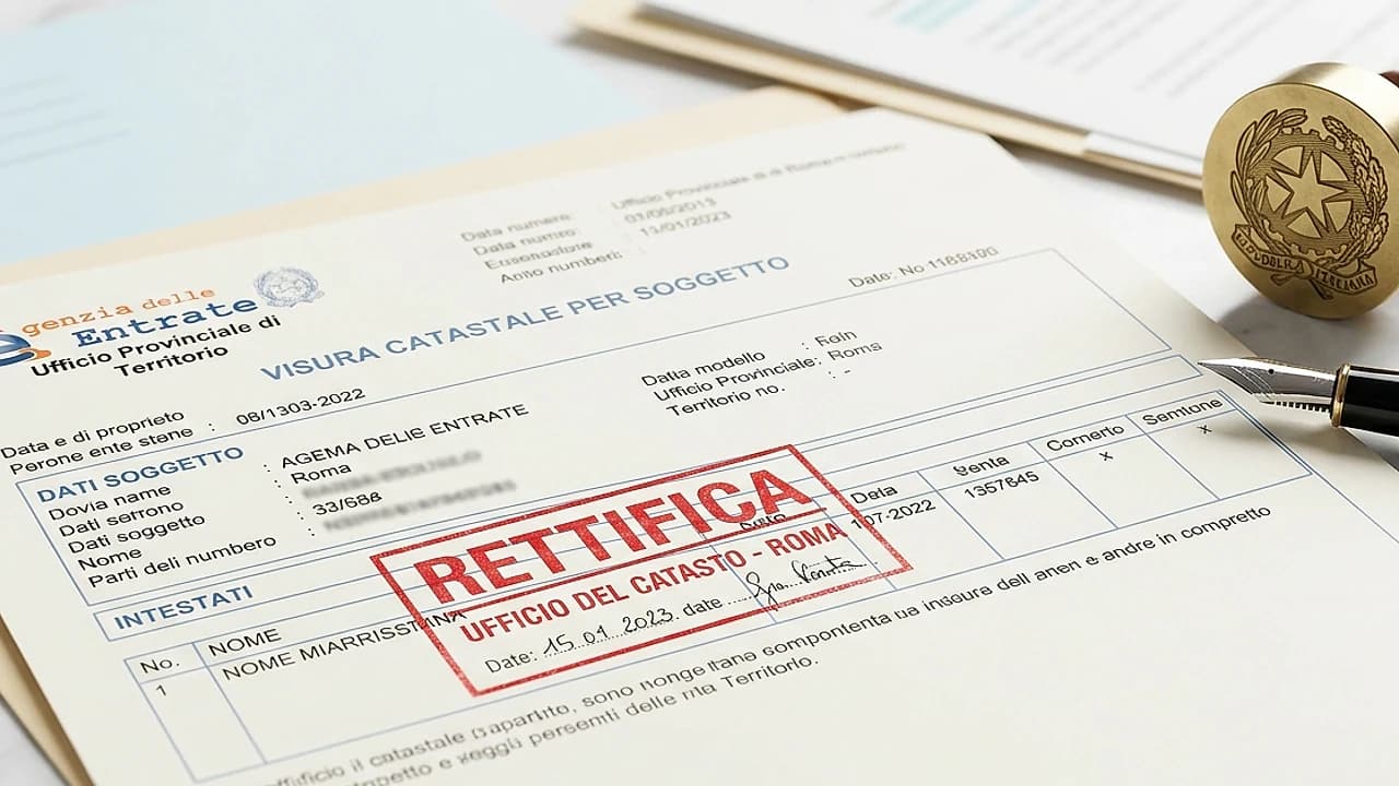 Visura catastale con intestazione errata e timbro di rettifica su una scrivania notarile, voltura e istanza catastale 2026