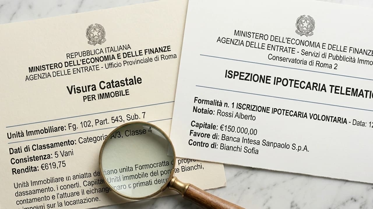 Visura catastale cartacea e documento di ispezione ipotecaria affiancati su piano marmo, con lente di ingrandimento — due diligence immobiliare professionale 2026.