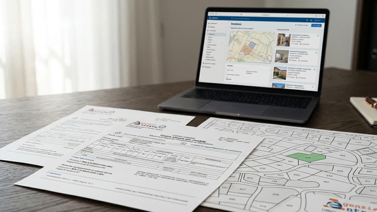 Documenti catastali e mappe su scrivania — visura catastale per soggetto ricerca immobili 2026