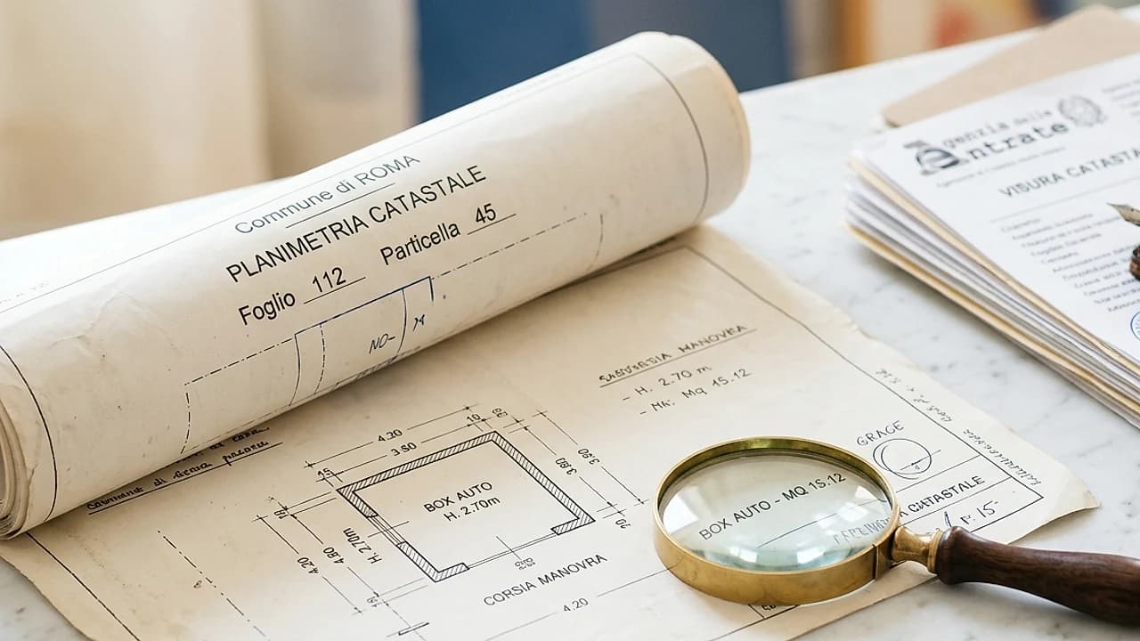 Planimetria catastale con categorie C/2 C/6 su tavolo, visura catastale pertinenze garage cantine 2026