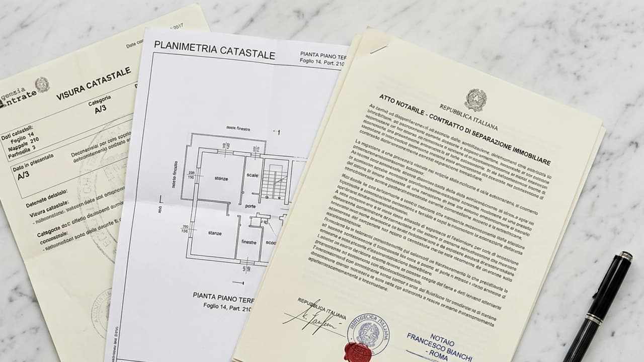 Visura catastale, planimetria e documenti notarili per separazione coniugale disposti su marmo, pro-aiuto 2026
