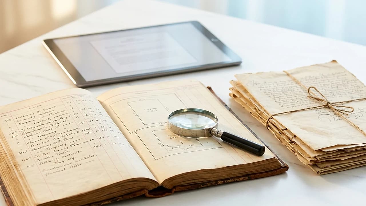 Documenti catastali storici con planimetrie datate su scrivania per ricostruzione proprietà
