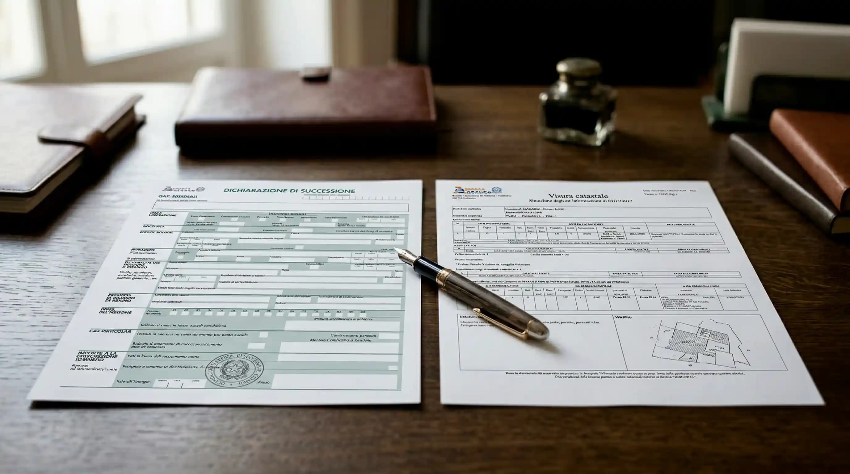 Visura catastale per successione ereditaria 2026 — documenti su scrivania per notai e avvocati