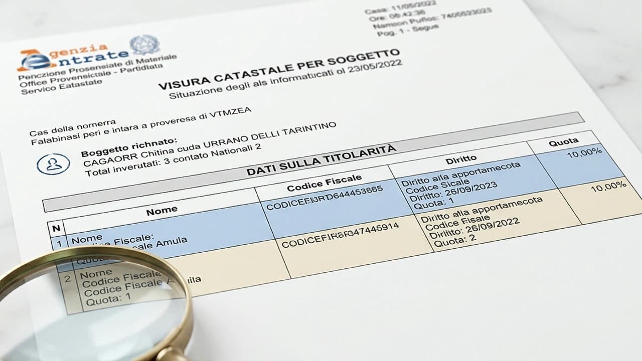 Visura catastale con la colonna diritti reali che distingue usufrutto e nuda proprietà su un immobile