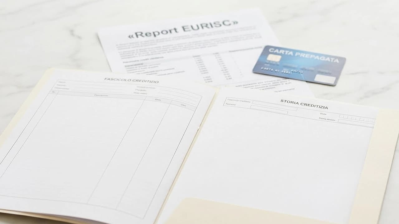 Fascicolo creditizio con pagine vuote accanto a una carta e a un report EURISC: assenza di storico creditizio in CRIF