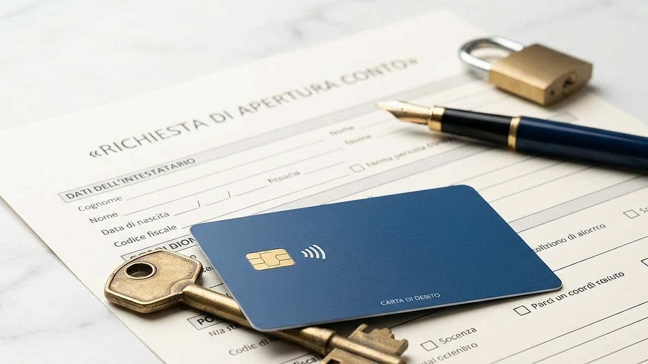 Carta di debito e chiave appoggiate su un modulo di apertura conto corrente, simbolo del conto di base con segnalazione CRIF