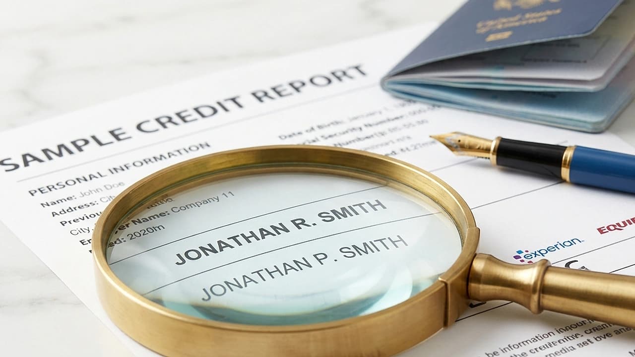 Lente d'ingrandimento su un report creditizio con due nomi quasi identici, simbolo dell'omonimia in CRIF.