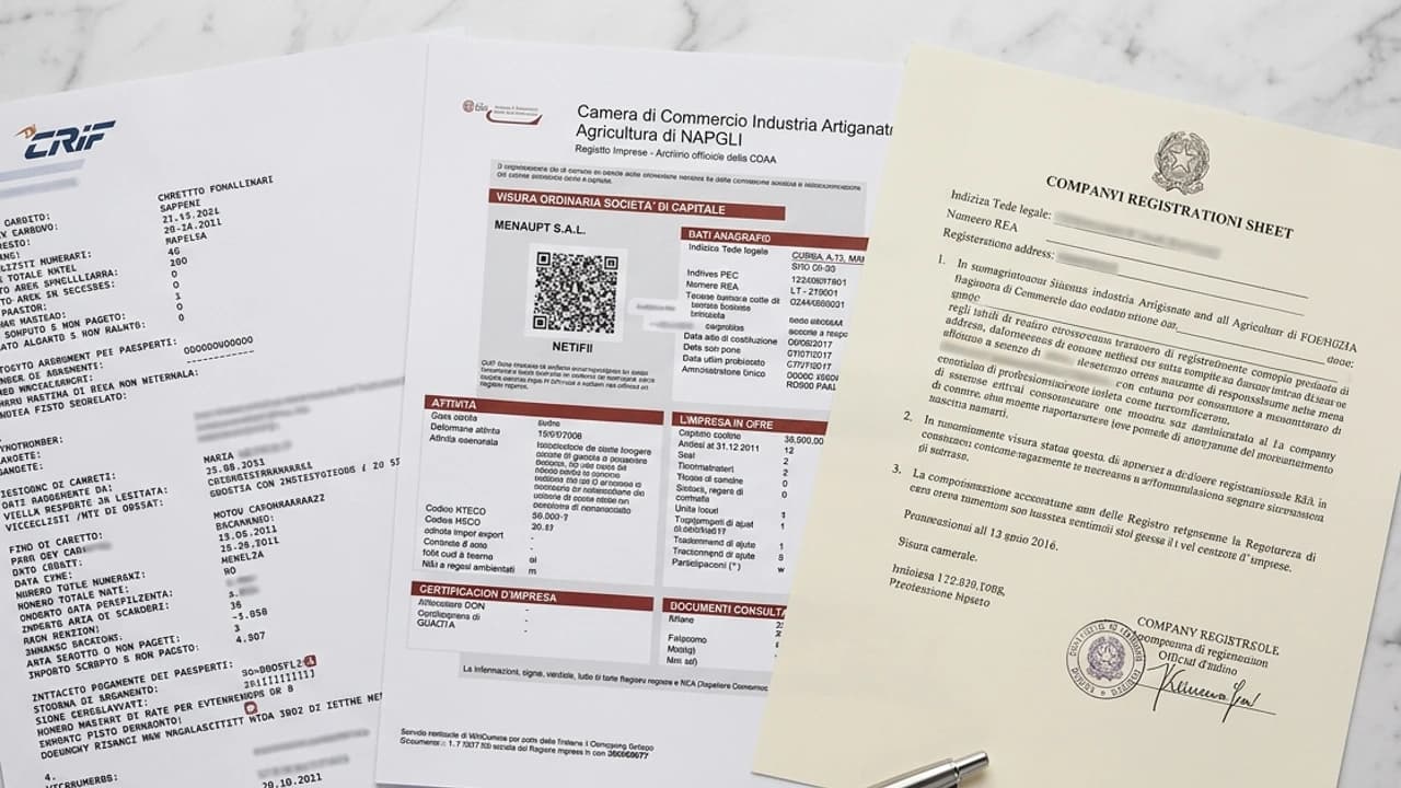 Report creditizio CRIF aziendale con documenti societari, visura camerale e modulo richiesta su sfondo marmo, profilazione creditizia SRL 2026