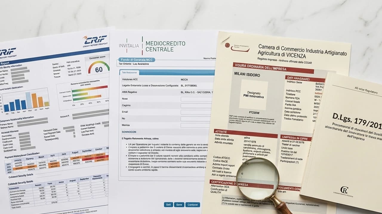 Report CRIF aziendale con modulo Fondo di Garanzia MCC, visura camerale PMI innovativa e documento D.Lgs. 179/2012 su sfondo marmo, profilazione creditizia startup 2026