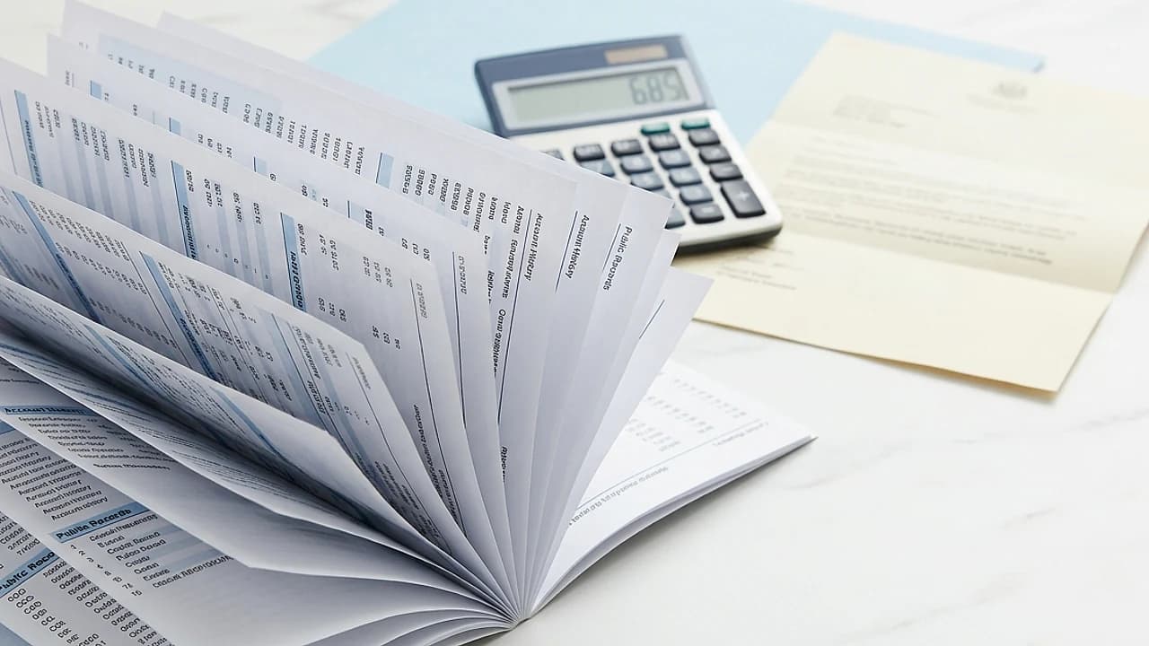 Report creditizio CRIF con documenti e calcolatrice su superficie bianca, visura EURISC segnalazione 2026
