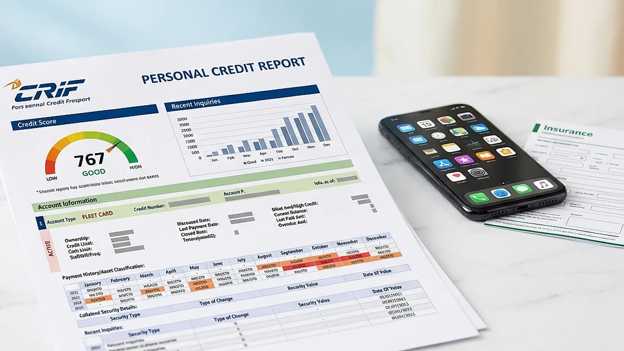 Report CRIF su sfondo bianco con smartphone telecom e documento assicurativo — interrogazioni SIC soggetti non bancari 2026