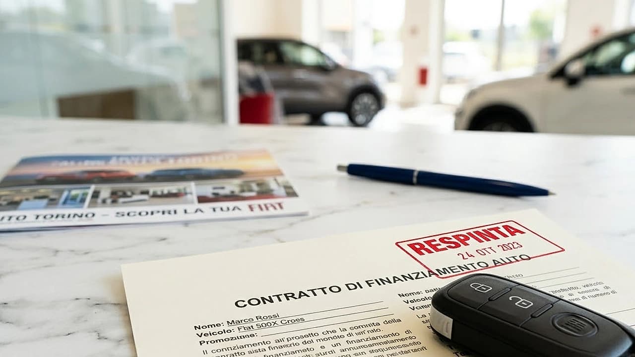 Chiave d'auto su un contratto di finanziamento con timbro di rifiuto, tema finanziamento auto rifiutato e CRIF 2026