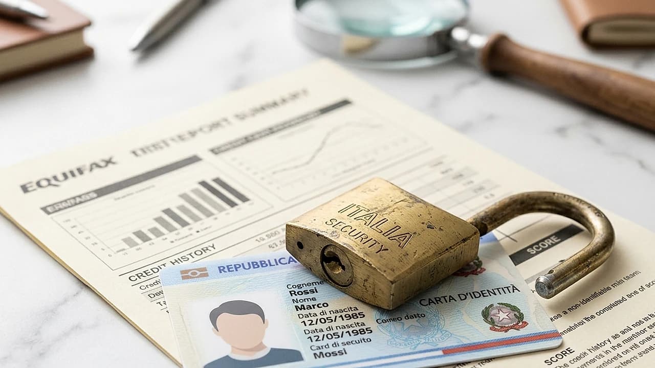 Lucchetto aperto su una carta d'identità e un report creditizio, simbolo del furto d'identità creditizia CRIF 2026