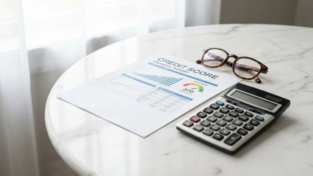 Report merito creditizio CRIF con punteggio e grafici su scrivania professionale — guida 2026