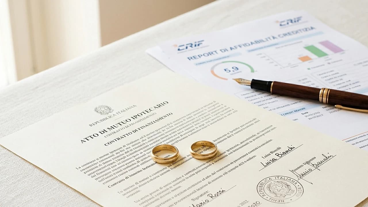 Fedi nuziali su un contratto di mutuo con l'estratto della visura CRIF, tema mutuo cointestato e separazione 2026