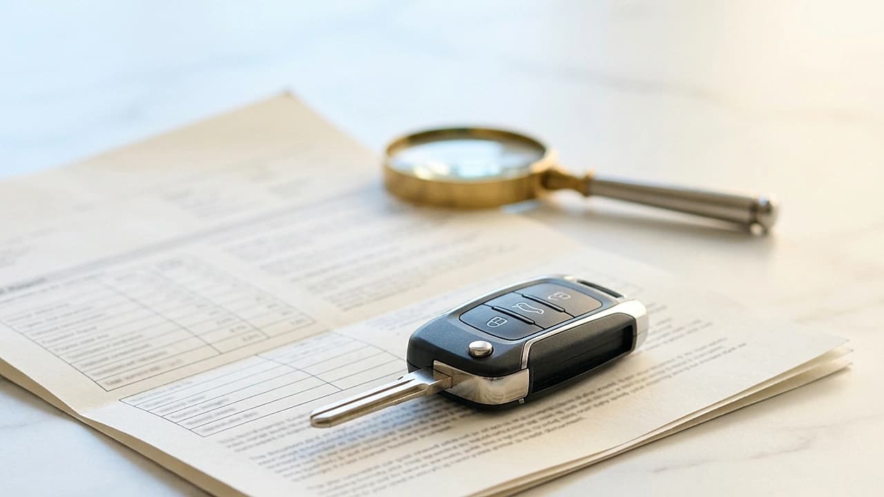 Chiavi di un'auto a noleggio a lungo termine accanto a un report creditizio CRIF su una scrivania chiara