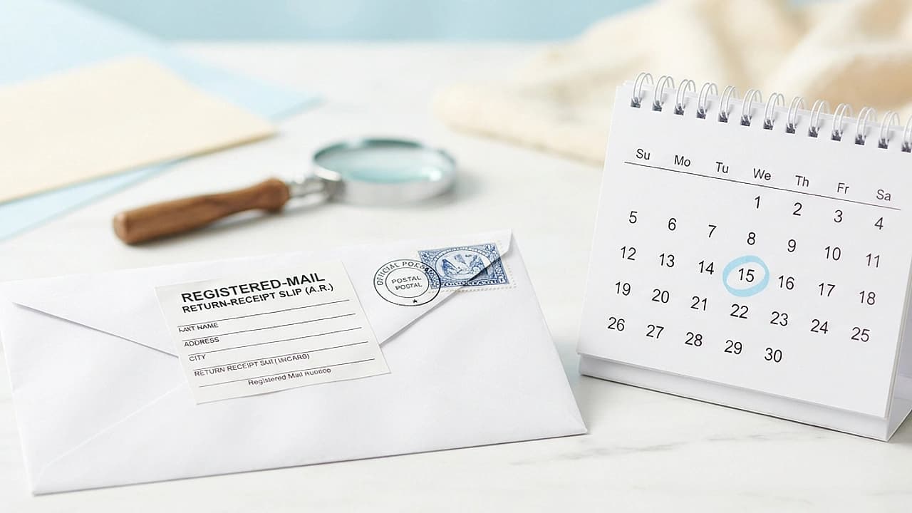 Busta raccomandata con avviso di ricevimento accanto a un calendario: il preavviso di segnalazione CRIF dei 15 giorni