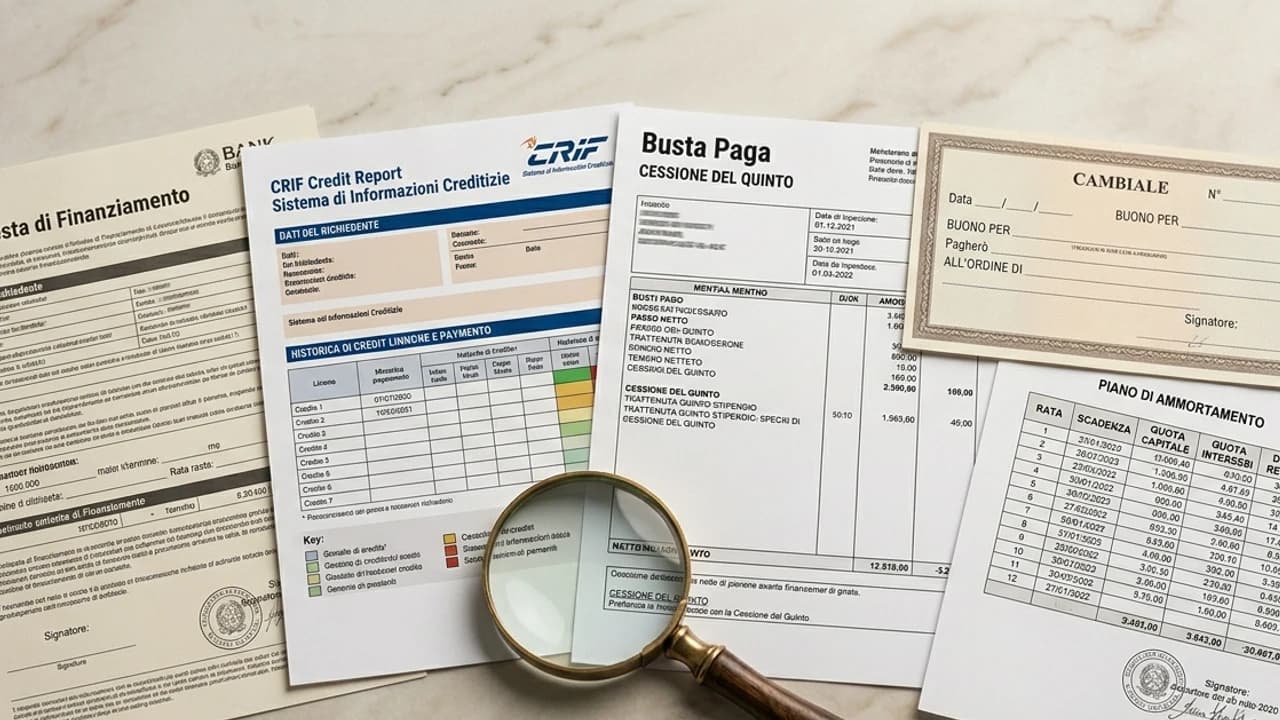 Documenti di una richiesta di prestito personale con visura CRIF, busta paga per cessione del quinto e contratto di finanziamento su scrivania in marmo