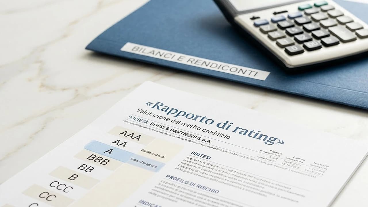 Report di rating aziendale con scala da AAA a D e grafico dei bilanci su scrivania chiara, accanto a una calcolatrice