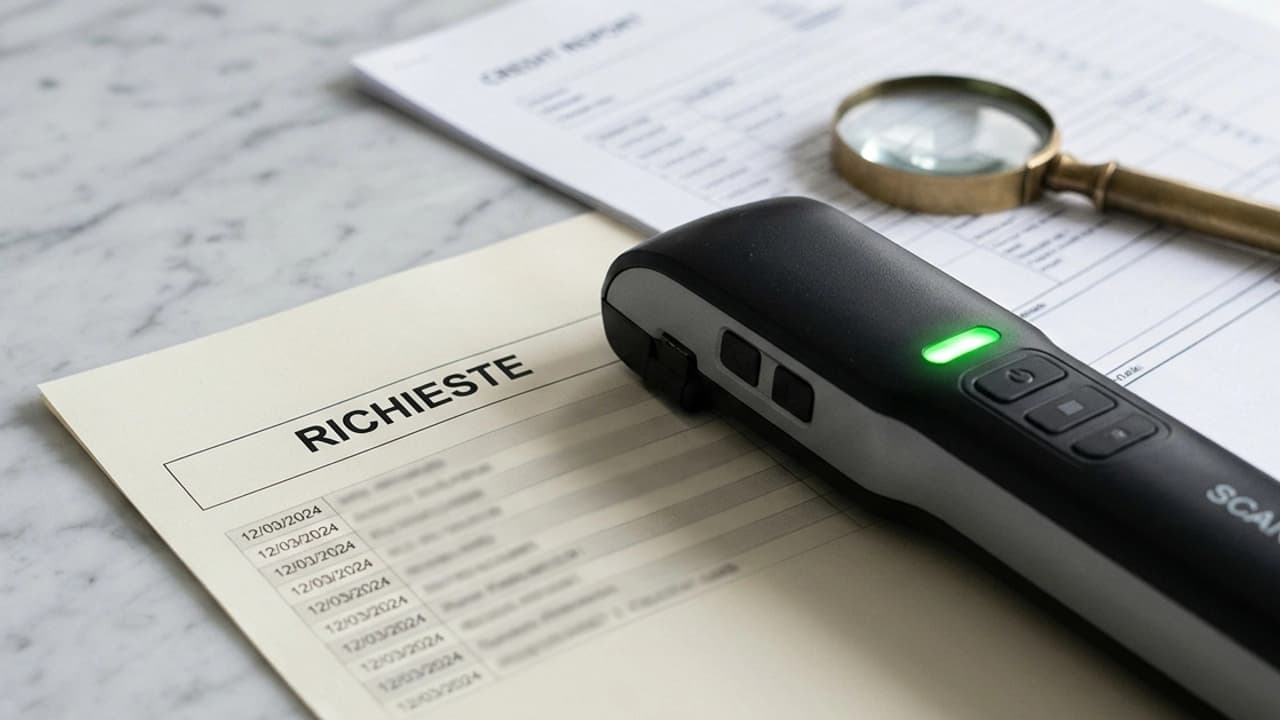 Scanner CRIF su scrivania con report creditizio che mostra la sezione richieste di finanziamento e fase istruttoria