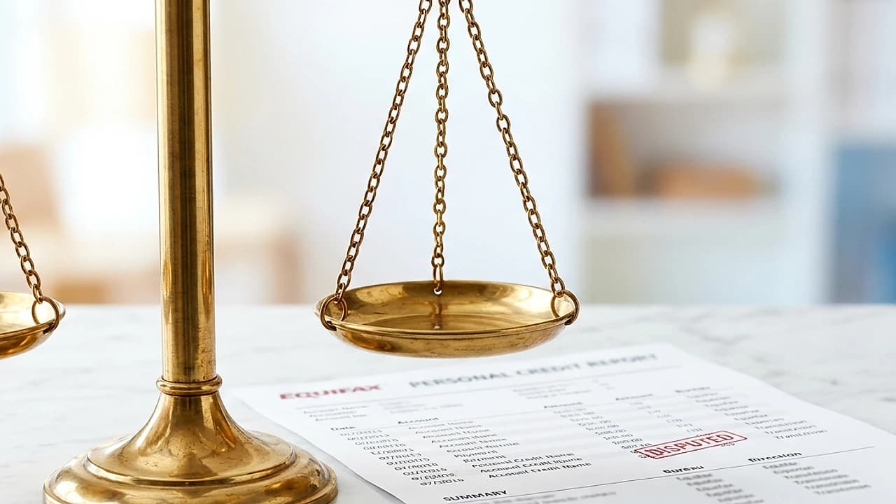 Bilancia della giustizia su marmo chiaro accanto a un report creditizio, risarcimento segnalazione CRIF illegittima