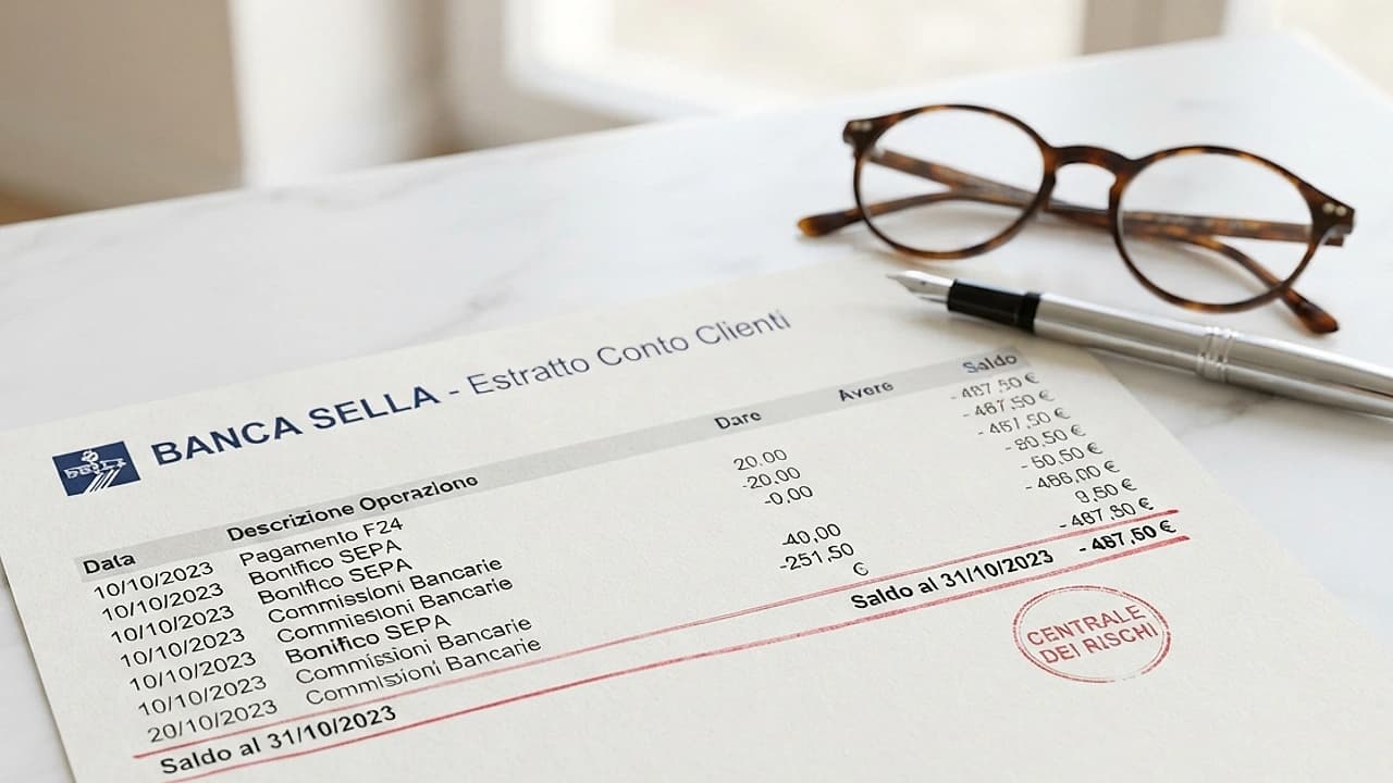 Estratto conto in rosso con evidenziata la voce sconfinamento e il logo Banca d'Italia, segnalazione centrale rischi 2026