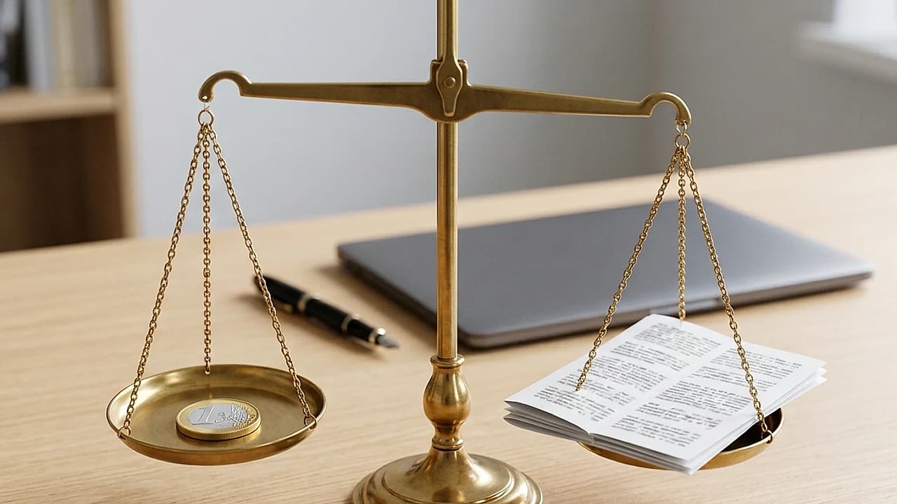Bilancia di ottone che pesa una moneta contro un report di scoring creditizio automatizzato, su scrivania chiara