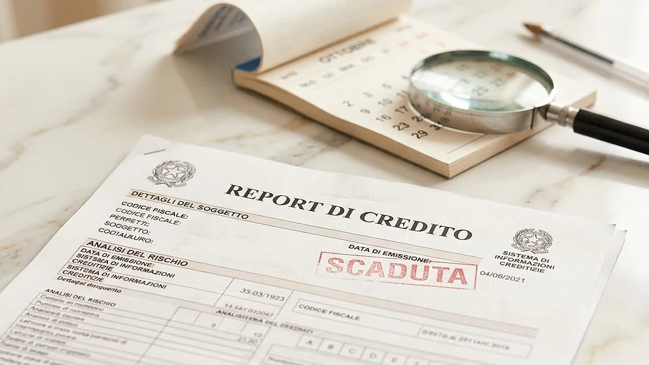 Timbro CRIF scaduto su un report creditizio con calendario che segna i termini di cancellazione della segnalazione